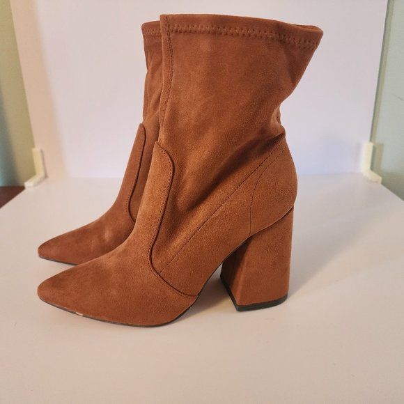 Womens Chunky Heel Pointed Toe Boots Vegan Leather Suede Winter Boot - Picture 2 of 8